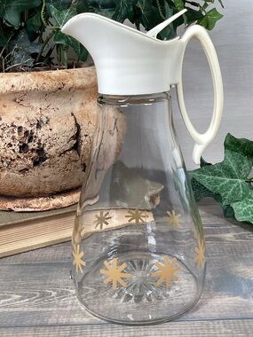 Vintage Log Cabin Glass Syrup Dispenser Pitcher Bottle Retro Atomic Starburst